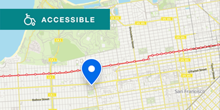 Map of Muni route near the Geary Boulevard location of U C S F, which is closest to the California Street and Arguello Boulevard stop on the 1 California route, which runs from downtown to the Richmond District.