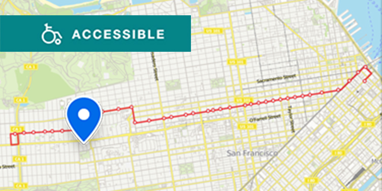 Map of Muni route near the Geary Boulevard location of U C S F, which is on the 2 Clement route running from downtown to the Richmond District, with three close stops: at Clement Street and Arguello Boulevard, Clement Street and Second Avenue, and Arguello Street and Euclid Avenue.