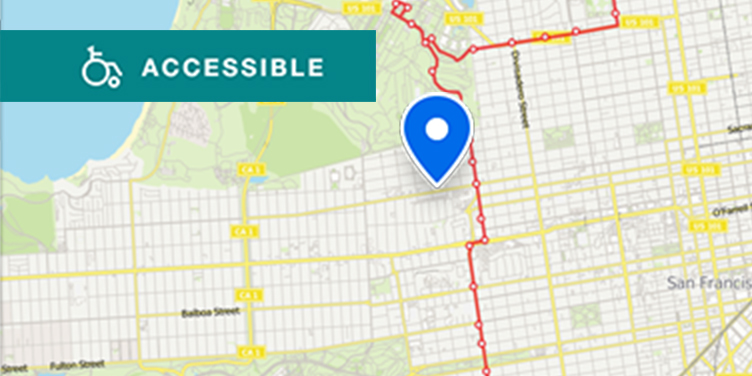 Map of Muni route near U C S F Laurel Village, located closest to the Presidio Avenue and California Street stop on the 43 Masonic route, which runs from Fort Mason to Munich Street and Geneva Avenue via the Presidio.