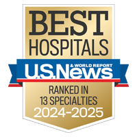 U S  News and World Report badge recognizing UCSF's ranking among the leading hospitals in 13 specialty areas for 2024 to 2025 